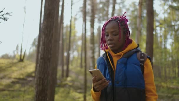 Schwarze Frau mit Rucksack und Smartphone-Gps. Afroamerikanerin wandert im Wald und tippt Nachricht auf Smartphone. Alleinwandererin nutzt Smartphone des Waldes. — Stockvideo
