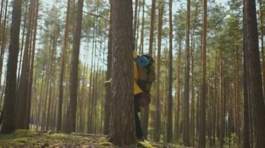 Afro-Amerikalı çift yürüyüş yapıyor, sırt çantalarıyla ormanda geziniyor, maceralarının tadını çıkarıyorlar - turizm konsepti. Siyah adam ve kadın bir yürüyüşe çıktılar. Yavaş çekim