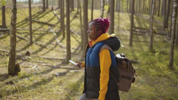 Schwarze Frau mit Rucksack und Smartphone-Gps. Afroamerikanerin wandert im Wald und tippt Nachricht auf Smartphone. Alleinwandererin nutzt Smartphone des Waldes. — Stockvideo