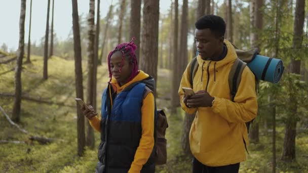 Due escursionisti afro-americani in viaggio con zaino a piedi guardando il paesaggio nella foresta. Coppia nero uomo e donna prendendo cellulare viaggiare esplorando foreste selvagge natura in squadra — Video Stock