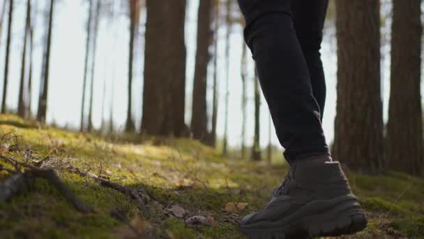 Primo piano di uomini gambe escursionismo terreno ripido al rallentatore. Piedi in Hiking Boots Walking on Autumn Road. uomo piedi di monitoraggio in autunno giorno all'aperto, passeggiando attraverso il bosco — Video Stock