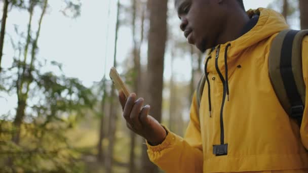 Czarny człowiek idzie przez las z telefonem i patrzy na aplikację nawigacyjną. Afrykański Amerykanin z plecakiem w zwolnionym tempie, spacerujący po lesie z telefonem komórkowym. — Wideo stockowe