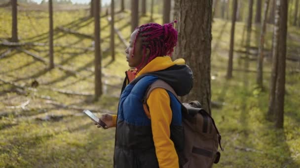 Czarna kobieta z plecakiem używająca GPS-ów. Afrykańska amerykańska dziewczyna wędrująca po lesie i wpisująca wiadomość na smartfonie. Solo kobieta turysta za pomocą smartfona lasu. — Wideo stockowe
