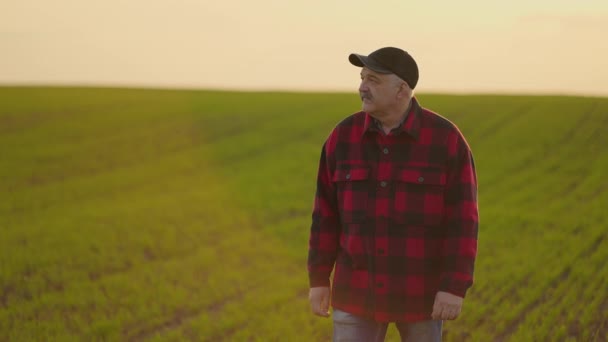 Egy traktoros farmer portréja, amint napnyugtakor sétál a mezőn egy lassított felvétel után. — Stock videók