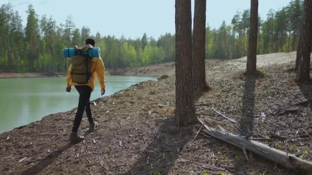 Een jonge zwarte man in een gele cursor klimt op met een rugzak bergop in het bos kijkend naar het meer. Langzame beweging — Stockvideo