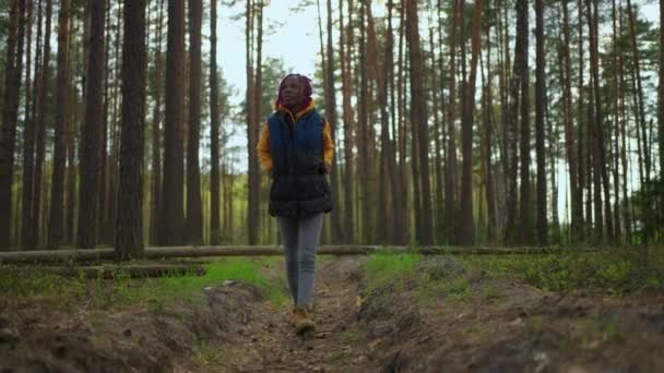 Hermosa chica negra en chaqueta amarilla con mochila azul se perdió caminando en el bosque en el día soleado. Mujer solitaria mira alrededor en el bosque. — Vídeo de stock