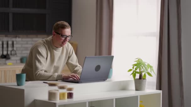 Jovem empresário conferência chamada por webcam, estudante estudar com professor on-line em vídeo chat olhar para conversa laptop durante videoconferência em casa escritório — Vídeo de Stock