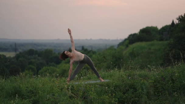 Ağır çekimde, genç bir kadın yoga egzersizlerini dengeleme ve üstte germe yaparak gerçekleştiriyor. Beden ve ruhun sakin ve huzurlu dengesi. Vücut eğilir ve eğilir. — Stok video