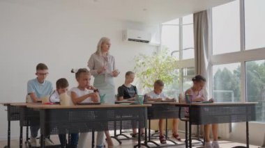 İlköğretim Okulu Sınıfı: Coşkulu Öğretmen Parlak Çeşitli Çocuklar Sıraları arasında yürüyor, Dersi Açıklıyor. Bir grup zeki çoklu etnik çocuk yeni şeyler öğreniyor. Yan Görünüm İzleme Görüntüsü