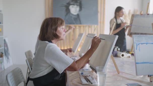 Como amigos mayores que asisten juntos a una clase de pintura. grupo pequeño tomando una variedad de clases divertidas juntos. Un grupo de personas mayores asiste a una clase magistral sobre dibujar juntos pasar tiempo. — Vídeo de stock