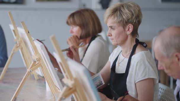 Como amigos seniores a assistir juntos numa aula de pintura. pequeno grupo tendo uma variedade de aulas divertidas juntos. Um grupo de idosos assiste a uma aula de mestrado sobre como juntar tempo. — Vídeo de Stock