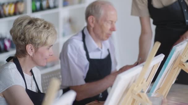 Side view of a happy senior people smiling while drawing as a recreational activity or therapy in paint class together with the group of retired women and men — Stock Video