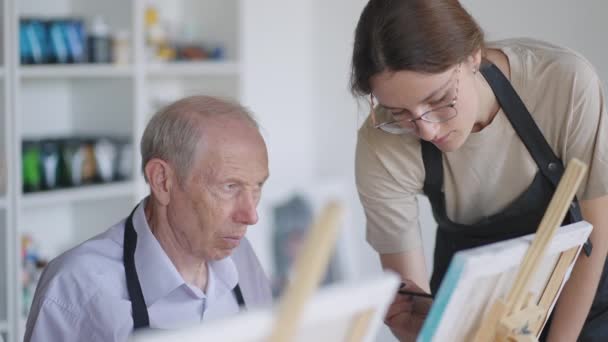 Come amici anziani che frequentano insieme un corso di pittura. piccolo gruppo prendendo una varietà di lezioni divertenti insieme. Un gruppo di anziani frequenta un master class per riunire il proprio tempo. — Video Stock