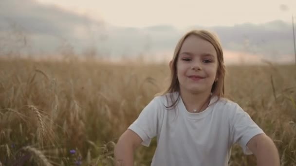 Mouvement lent, une petite fille de 4-5 ans court dans un champ au coucher du soleil en regardant la caméra heureuse et libre. Bonne enfance. Fille courant dans le champ au coucher du soleil — Video