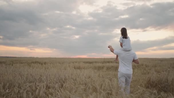 Utsikt från baksidan: Pappa bär på sina axlar sin älskade lilla friska dotter i solen. I slow motion går dottern med sin far på planen och fria och glada vinkar upp händerna.. — Stockvideo