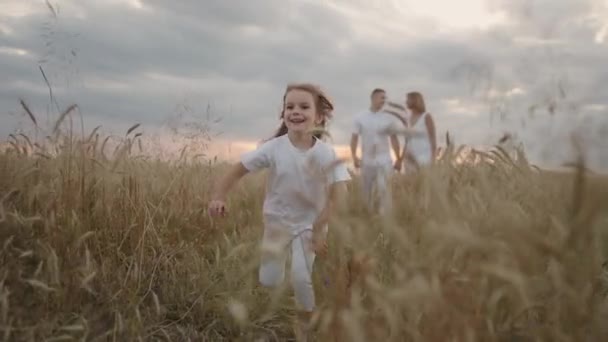 Una niña sonriente feliz mirando la cámara corre en cámara lenta al atardecer en un campo de espigas — Vídeos de Stock