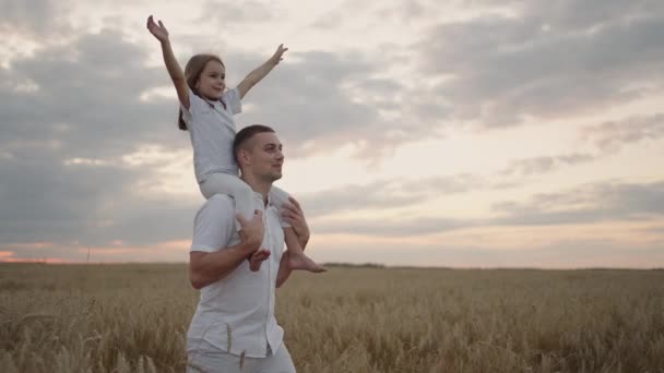 Papa draagt op zijn schouders zijn geliefde kleine gezonde dochter in de zon. In slow motion loopt de dochter met haar vader het veld op en zwaait vrij en gelukkig met haar handen omhoog. wandelen in het veld. — Stockvideo