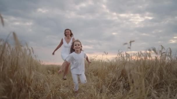 Filha e mãe sonham juntos correm no campo de trigo ao pôr-do-sol. pessoas felizes da família no conceito de campo de trigo. Mãe e menina jogando catch-up run. bebê criança diversão correndo no prado verde. — Vídeo de Stock