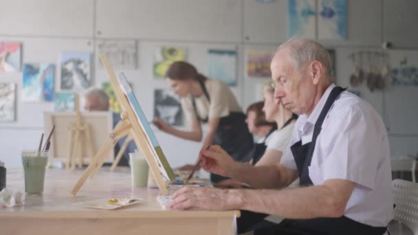 Visão lateral de uma pessoa idosa feliz sorrindo enquanto desenha como uma atividade recreativa ou terapia em aula de pintura, juntamente com o grupo de mulheres e homens aposentados — Vídeo de Stock