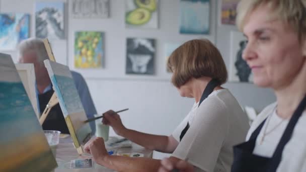 Como amigos mayores que asisten juntos a una clase de pintura. grupo pequeño tomando una variedad de clases divertidas juntos. Un grupo de personas mayores asiste a una clase magistral sobre dibujar juntos pasar tiempo. — Vídeo de stock