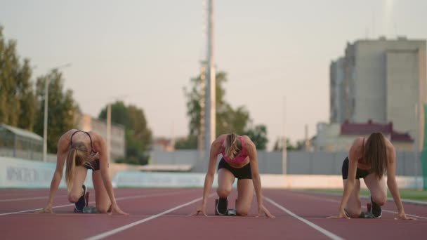 Три спортсмени одночасно починають бігати марафоном, суперництво, повільний рух. жінки, що стоять на стартовій лінії перед гонкою — стокове відео