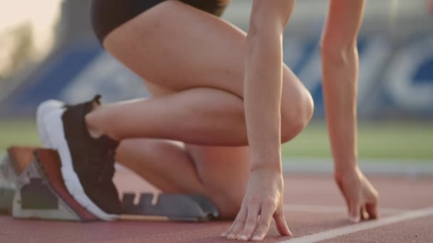 Eine junge Läuferin, die sich in der Stadionarena im Sonnenlicht auf den Lauf vorbereitet, schnallt sich die Laufschuhe an und rennt in Zeitlupe von der Startlinie — Stockvideo