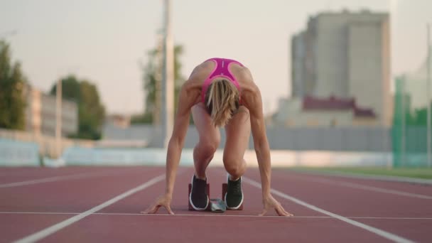 Eine junge Läuferin, die sich in der Stadionarena im Sonnenlicht auf den Lauf vorbereitet, schnallt sich die Laufschuhe an und rennt in Zeitlupe von der Startlinie — Stockvideo