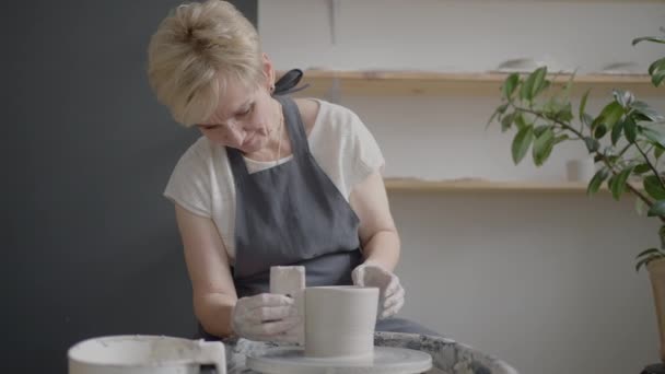 Oudere vrouw meester werkt op een pottenbakkerswiel en maakt een mok van keramiek in haar werkplaats in slow motion — Stockvideo