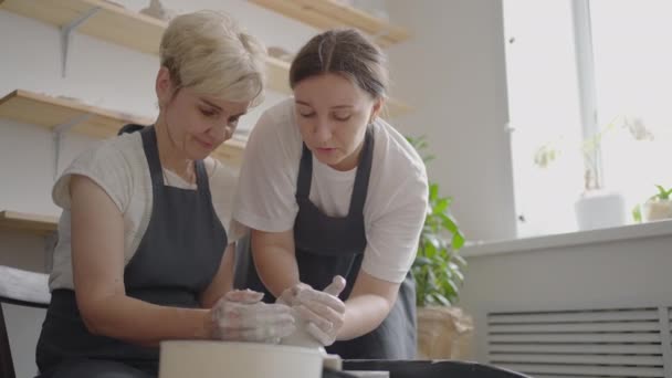 Blank meisje leert een bejaarde puppy om te werken aan een pottenbakkerswiel. Bijstand bij de revalidatie en aanpassing van gepensioneerden. Time-lapse filmen van een oudere vrouw pottenbakkerswiel — Stockvideo