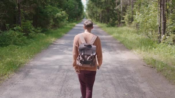 Un joven con una mochila camina por un camino de tierra en el bosque, mirando el terreno. Vista trasera. — Vídeos de Stock
