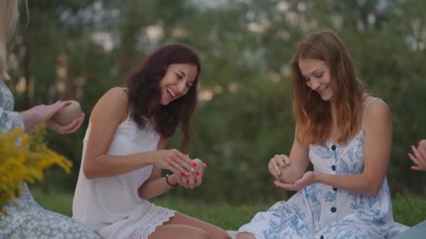 Un groupe de jeunes femmes sculptent à partir d'argile, rient, communiquent dans la nature, dans les champs, en plein air. Le maître explique la technique correcte de la sculpture. Activités créatives, passe temps. — Video