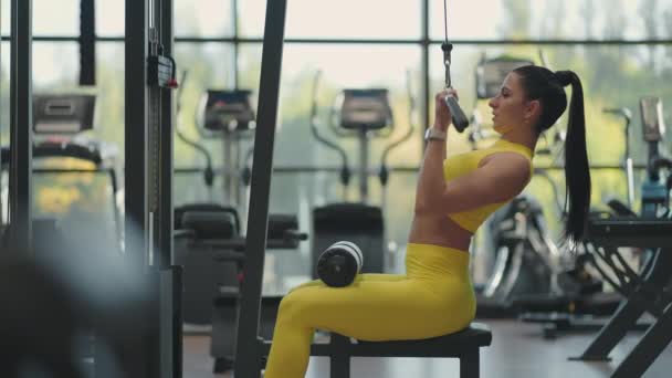 Hispanic kvinne som sitter på en simulator i gymsalen drar et metalltau med vekten pumpet opp musklene i ryggen. brunette kvinne trekker på simulator. utføre trening for ryggmuskelsimulator – stockvideo