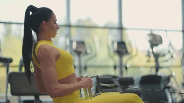 Spaanse vrouw doet oefeningen op de roeimachine. Een meisje zit achter een simulator en heet een roeimachine. zitten trekt het gewicht van grote ramen en loopbanden van de sportschool — Stockvideo