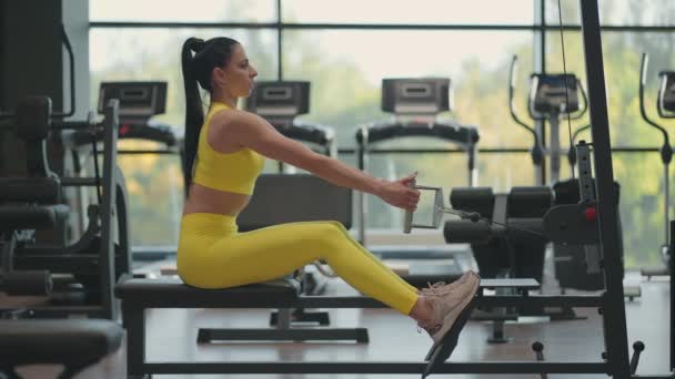 Mujer hispana hace ejercicios en la máquina de remo. Una chica se sienta detrás de un simulador se llama una máquina de remo. sentarse tira del peso de grandes ventanas y cintas de correr del gimnasio — Vídeos de Stock