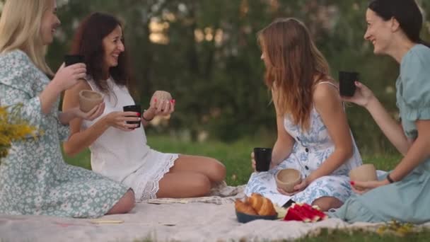 Νεαρές γυναίκες μετά τη μοντελοποίηση από πηλό συζητούν τα προϊόντα που προκύπτουν, πίνουν τσάι, καφέ, ποτά, γελάνε, επικοινωνούν στη φύση, στην ύπαιθρο. Δημιουργική δραστηριότητα, χόμπι, πικνίκ. — Αρχείο Βίντεο