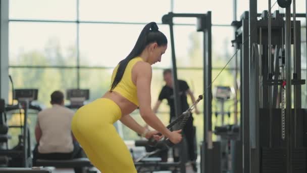 Wanita Brunette melatihnya punggung dan bahu di gym. Awasi kesehatan punggung dan bahu Anda. Latihan tangan — Stok Video