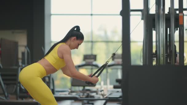 Mujer morena entrena su espalda y hombros en el gimnasio. Controle su salud de espalda y hombro. Entrenamiento de mano — Vídeos de Stock