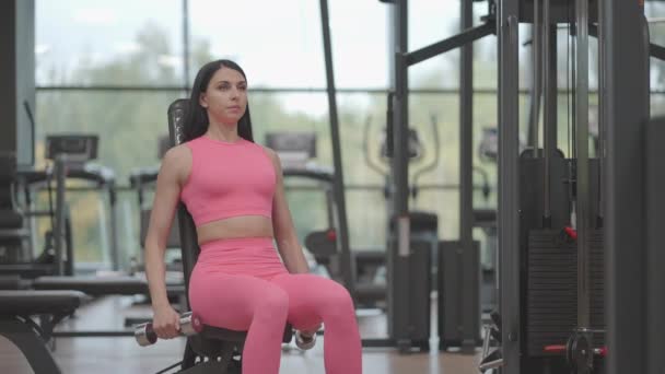 Μια μελαχρινή γυναίκα με ροζ κοστούμι σηκώνει αλτήρες στα πλάγια ενώ προπονεί τους ώμους της στο γυμναστήριο. Καθισμένος ώμος και βραχίονας — Αρχείο Βίντεο