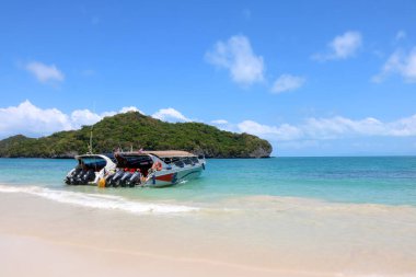 Tayland Körfezi 'ndeki Ang Thong Adaları sahilinde demirlemiş bir turist hız teknesi.