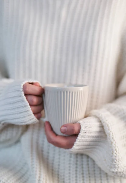 Women Hands White Sweater Holding Cup Hot Coffee Warm Chocolate — Stock Photo, Image