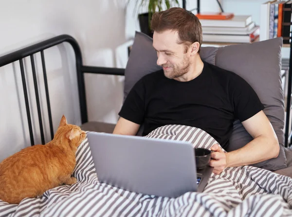 티셔츠를 침대에 매력적 턱수염의 남자가 동안에는 랩탑과 색깔의 고양이와 뜨거운 — 스톡 사진