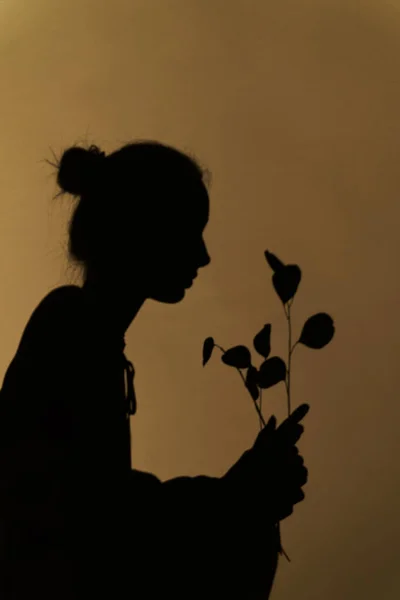 Ombre Sur Mur Fille Tenant Bouquet Fleurs Dans Les Mains — Photo