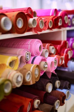 Perakende mağazasında çeşitli ruloları kapatın keten kumaş ve tuval tekstil