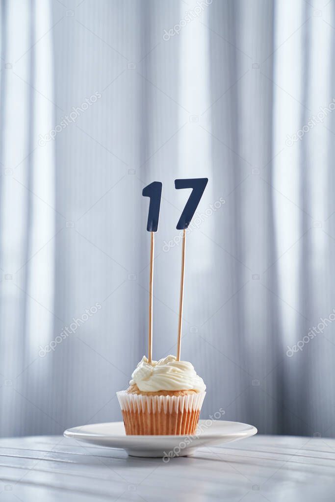 Minimalistic birthday cupcake with number 17 seventeen