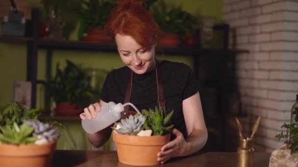 Mujer jardinero regando plantas verdes en una tienda de flores — Vídeos de Stock