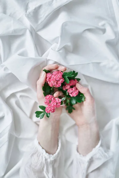 Прекрасная весенняя эстетика: руки с розовыми цветами — стоковое фото