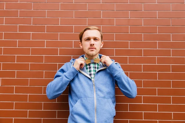 Young bearded male with wooden bowtie in casual wear — Stock Photo, Image