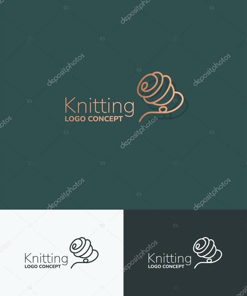 Knitting logo concept. Vector linear iconic sign with of bobbin.