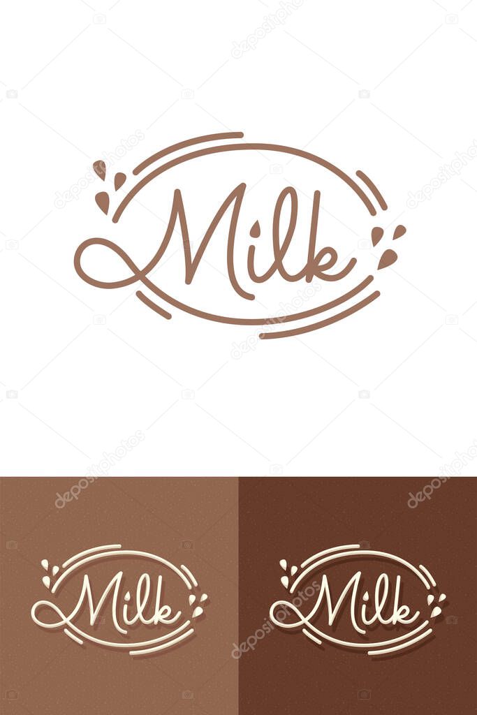 Milk logo idea. Linear Milk lettering sign with lines and drops. Vector illustration.