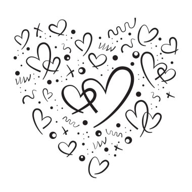 Elle çizilmiş kalp kompozisyonu. Çeşitli karalama kalpler, haçlar ve noktalar içeren siyah ve beyaz vektör çizimi, büyük bir kalp şekli oluşturur.